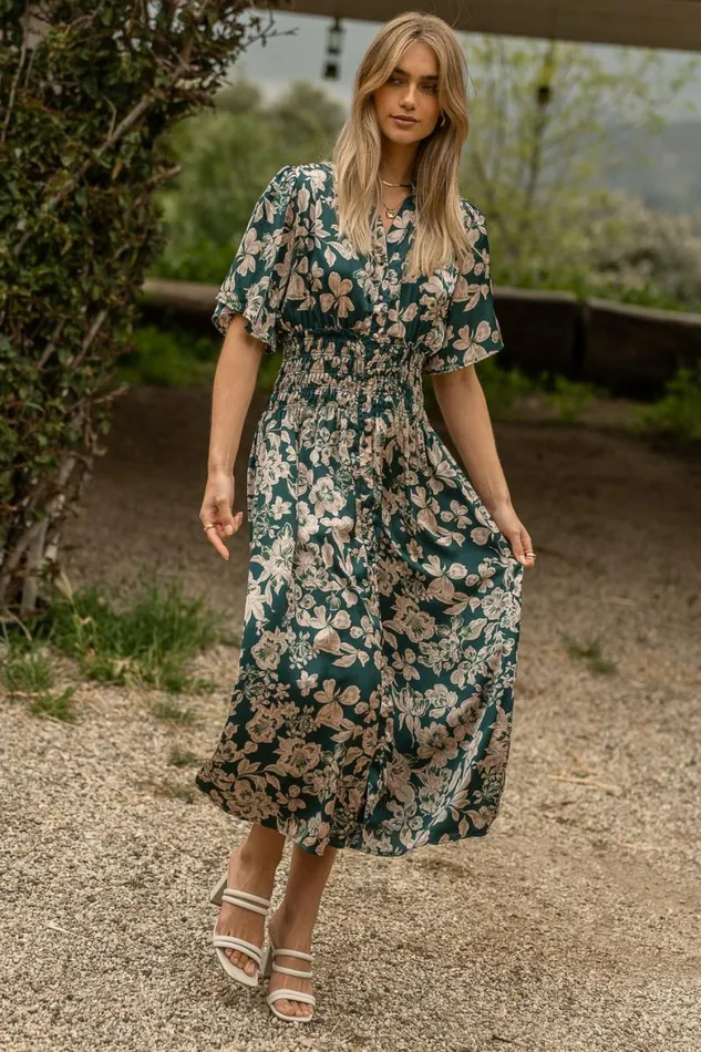 Jaslyn Floral Midi Dress In Emerald Emerald Women Bohme Dresses