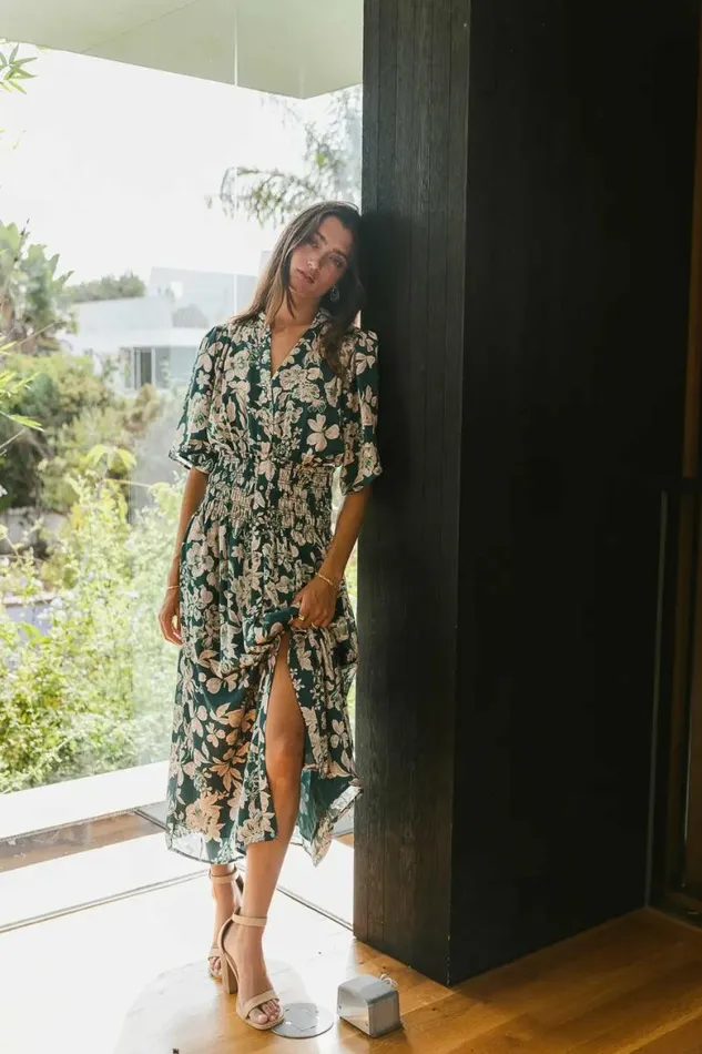 Jaslyn Floral Midi Dress In Emerald Emerald Women Bohme Dresses