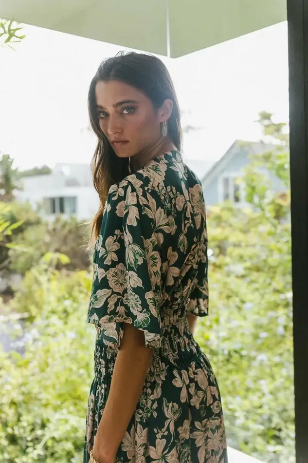 Jaslyn Floral Midi Dress In Emerald Emerald Women Bohme Dresses
