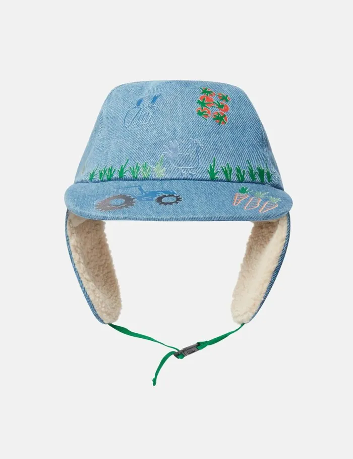 Kids Farmyard Embroidered Hat With Ear Flaps Blue Stella McCartney Shoes And Accessories Kids Farmyard Embroidered Hat With Ear Flaps Blue Stella McCartney Shoes And Accessories
