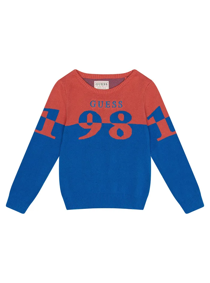 Kids Little Boy GUESS Eco Orange Navy Logo Knit Jumper 27