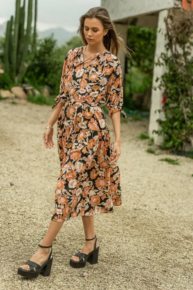 Kinsley Floral Midi Dress 8211 FINAL SALE Black Women Bohme Dresses