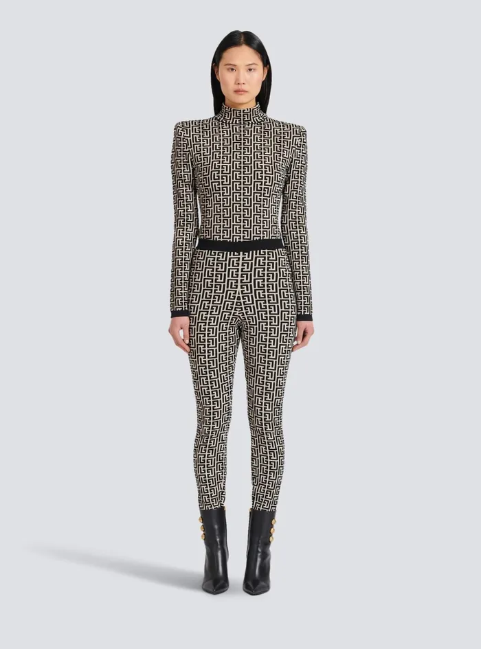 Knit Leggings With Monogram Black Women Balmain Trousers And Shorts