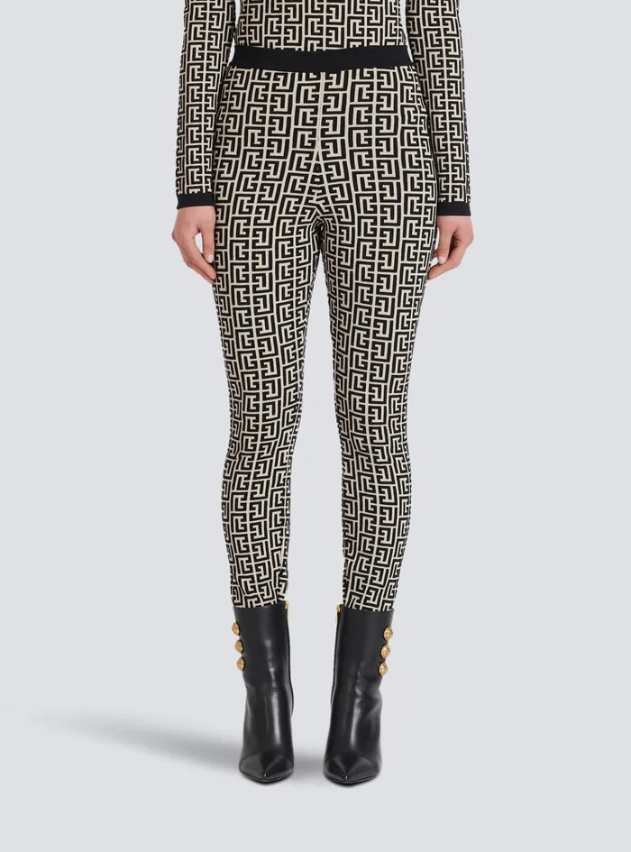 Knit Leggings With Monogram Black Women Balmain Trousers And Shorts