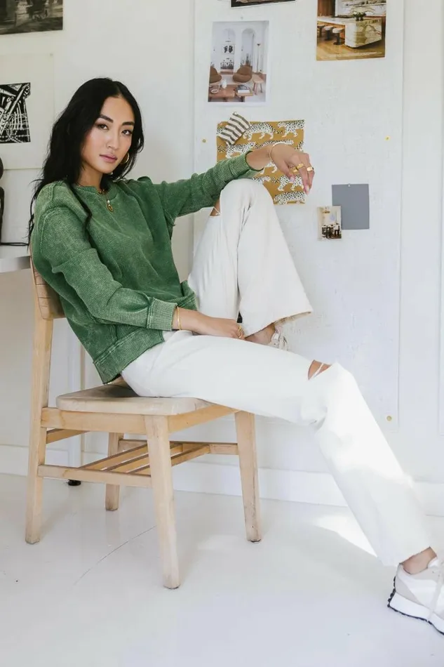 Konnor Waffle Knit Top Green Women Bohme Tees and Tanks