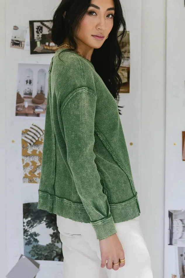 Konnor Waffle Knit Top Green Women Bohme Tees and Tanks