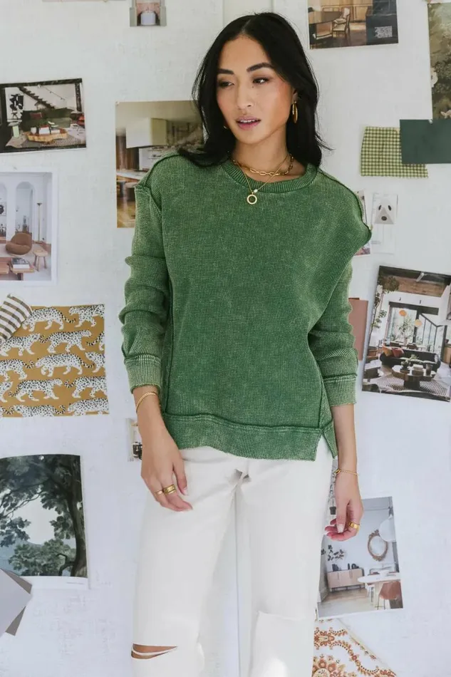 Konnor Waffle Knit Top Green Women Bohme Tees and Tanks