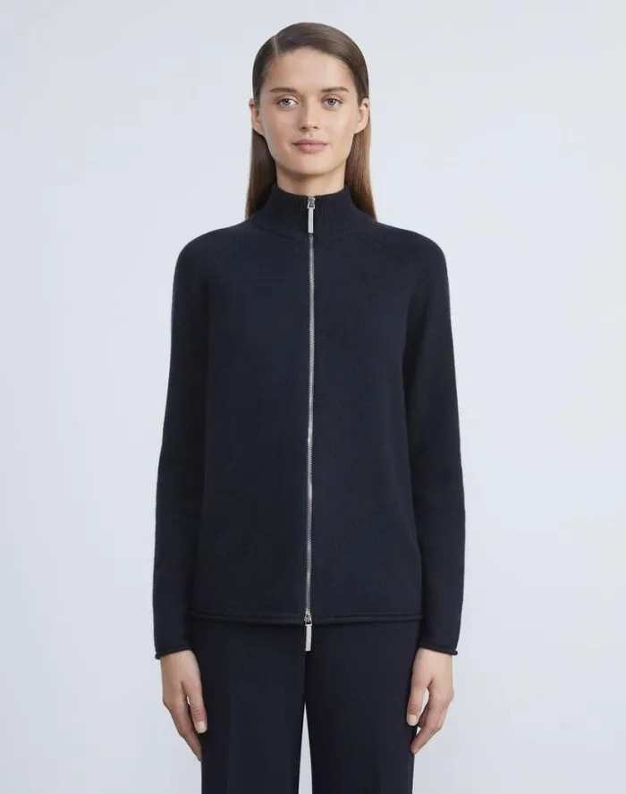 Lafayette 148 New York Cashmere Zip Front Cardigan Graphite Melange Ready To Wear Sweaters and Knits