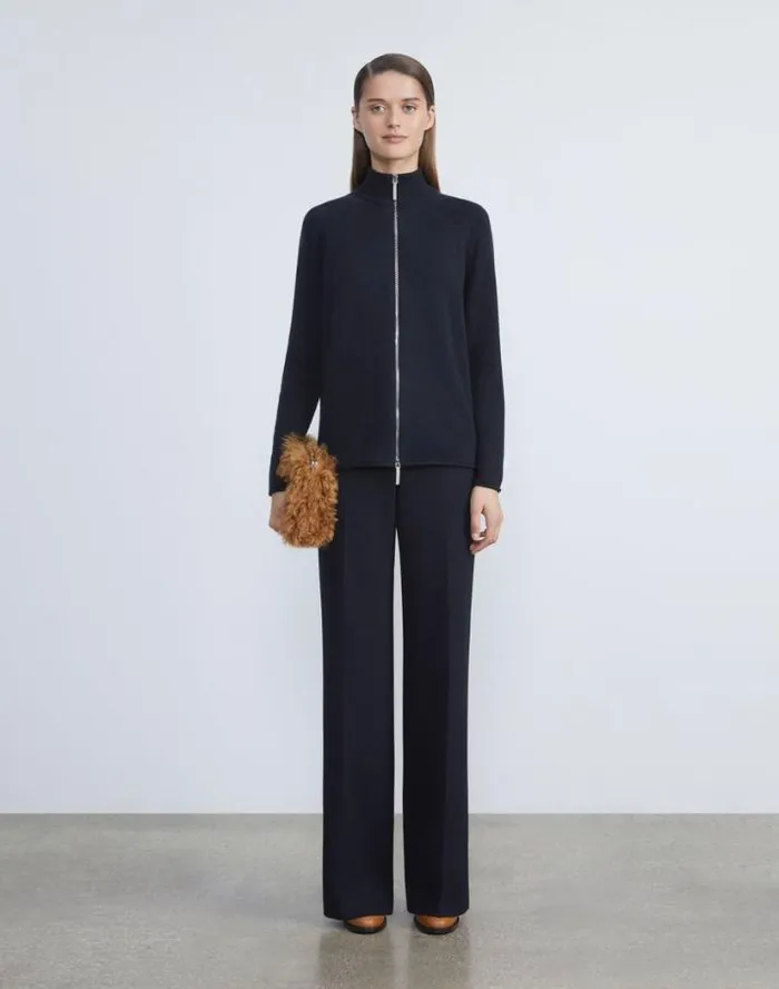 Lafayette 148 New York Cashmere Zip Front Cardigan Graphite Melange Ready To Wear Sweaters and Knits
