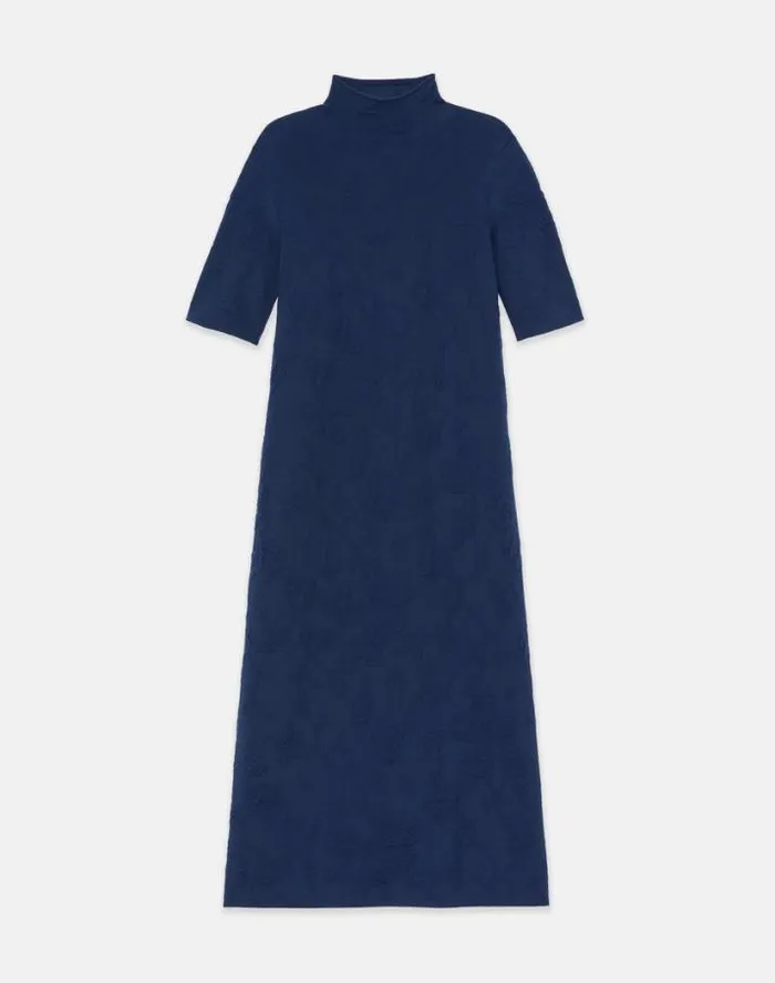 Lafayette 148 New York Flora Jacquard Responsible Fine Gauge MerinoViscose Sweater Dress Midnight Blue Ready To Wear Dresses