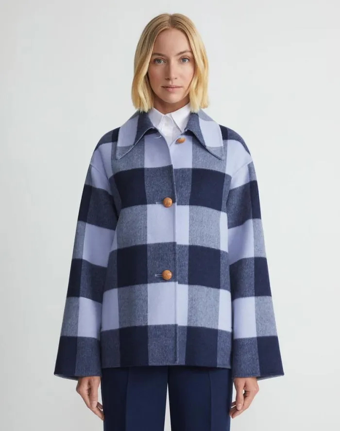 Lafayette 148 New York Gingham WoolCashmere Double Face Oversized Swing Coat Midnight Blue Multi Ready To Wear Jackets and Blazers