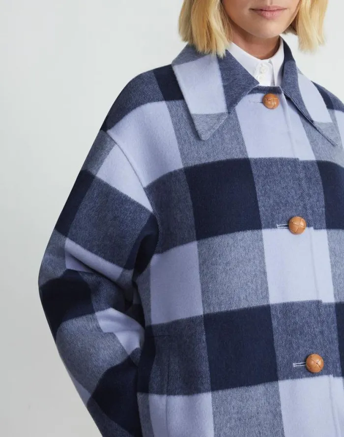 Lafayette 148 New York Gingham WoolCashmere Double Face Oversized Swing Coat Midnight Blue Multi Ready To Wear Jackets and Blazers
