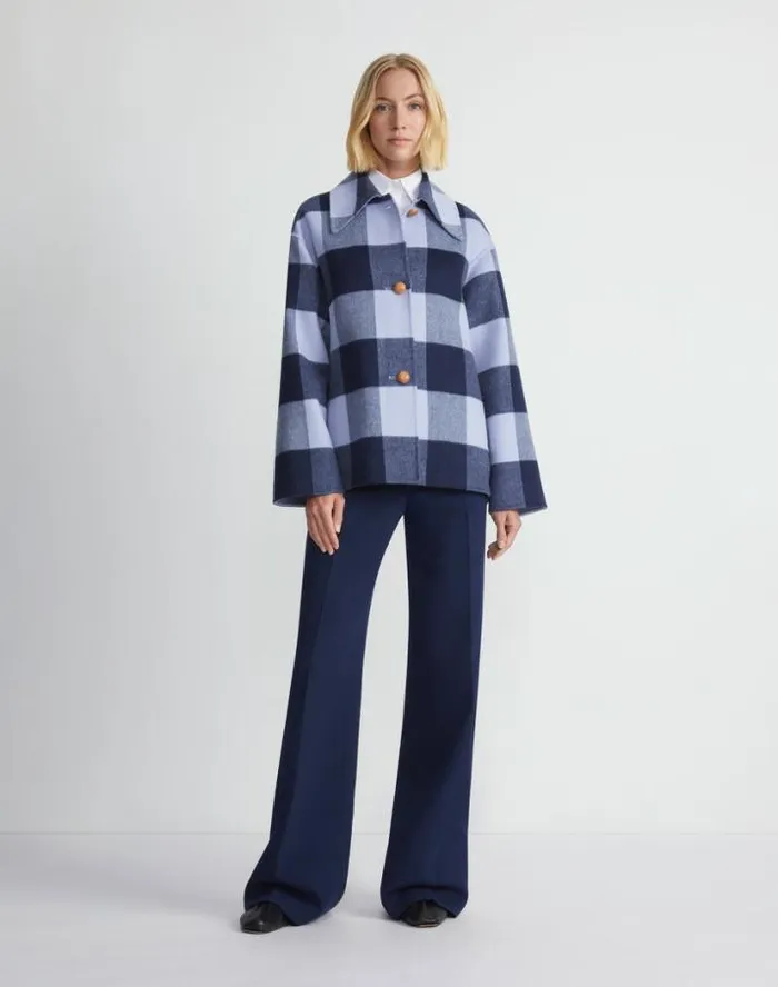 Lafayette 148 New York Gingham WoolCashmere Double Face Oversized Swing Coat Midnight Blue Multi Ready To Wear Jackets and Blazers