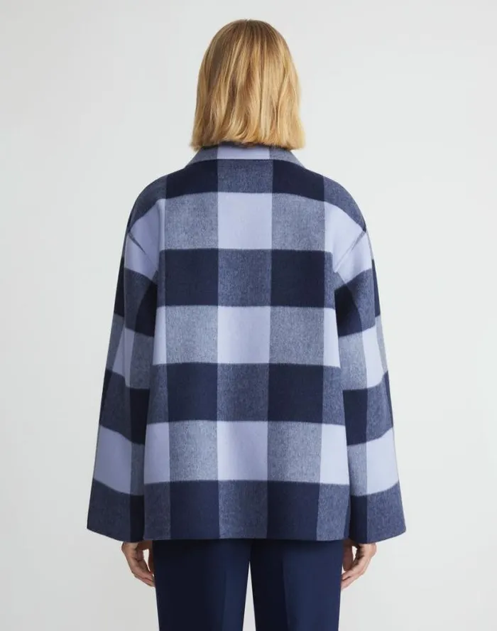 Lafayette 148 New York Gingham WoolCashmere Double Face Oversized Swing Coat Midnight Blue Multi Ready To Wear Jackets and Blazers