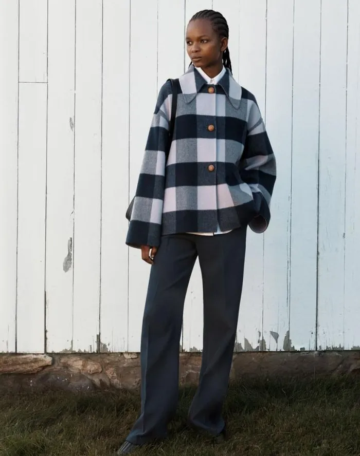 Lafayette 148 New York Gingham WoolCashmere Double Face Oversized Swing Coat Midnight Blue Multi Ready To Wear Jackets and Blazers