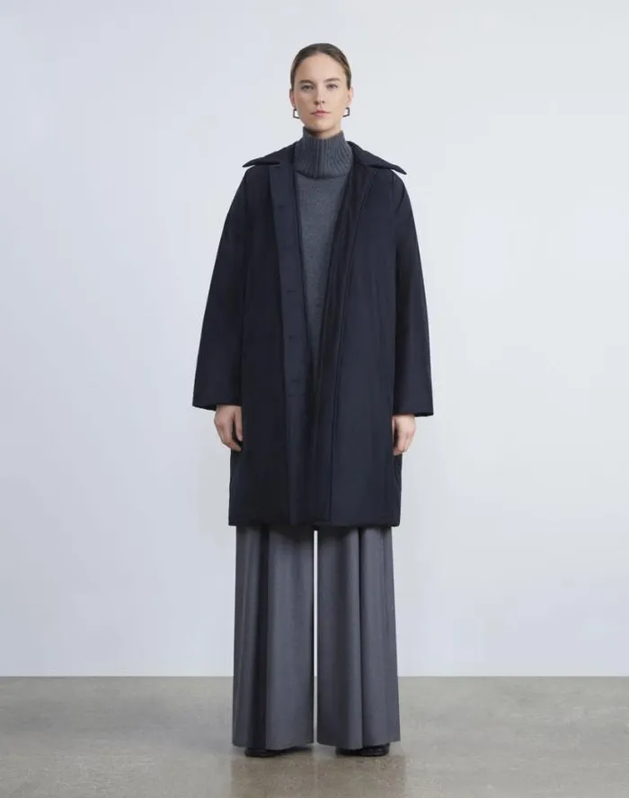 Lafayette 148 New York Micro Twill Quilted Down Oversized Coat Navy Ready To Wear Jackets and Blazers