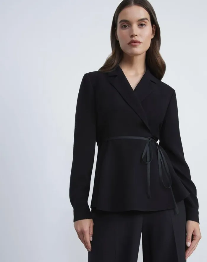 Lafayette 148 New York Responsible Finesse Crepe Wrap Blouse Black Ready To Wear Blouses and Shirts