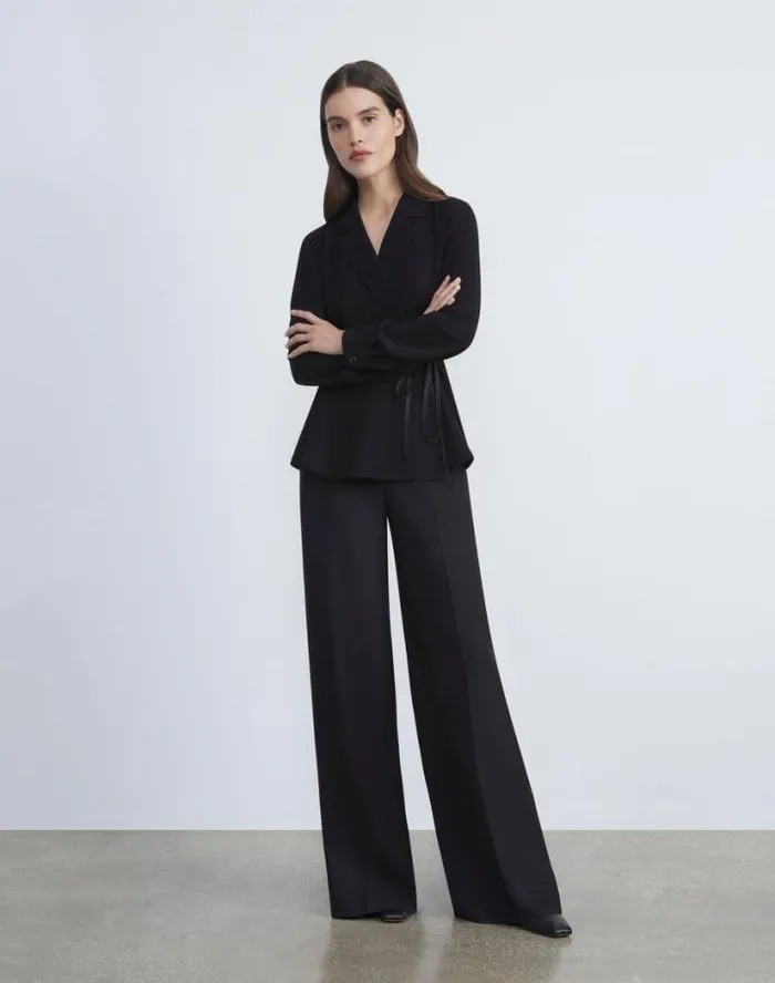 Lafayette 148 New York Responsible Finesse Crepe Wrap Blouse Black Ready To Wear Blouses and Shirts