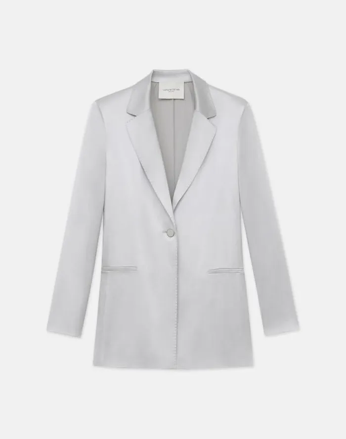 Lafayette 148 New York Satin Single Button Blazer Pale Grey Ready To Wear Jackets and Blazers
