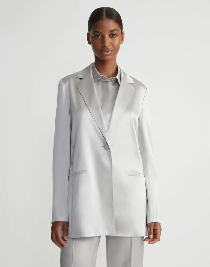 Lafayette 148 New York Satin Single Button Blazer Pale Grey Ready To Wear Jackets and Blazers