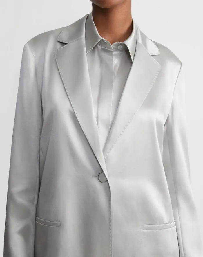 Lafayette 148 New York Satin Single Button Blazer Pale Grey Ready To Wear Jackets and Blazers