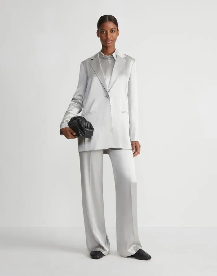Lafayette 148 New York Satin Single Button Blazer Pale Grey Ready To Wear Jackets and Blazers
