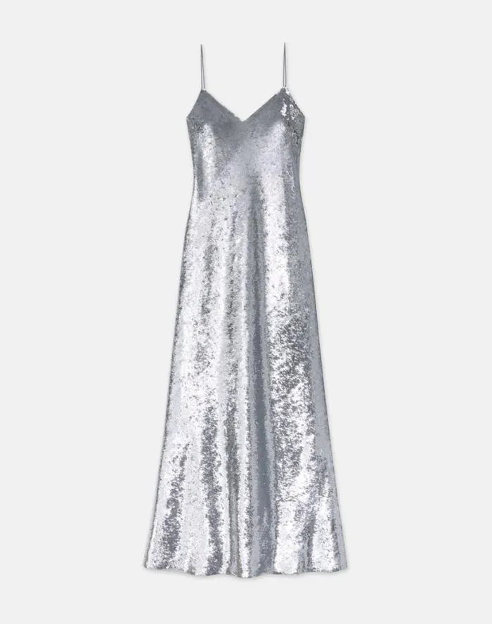 Lafayette 148 New York Sequin Chiffon Bias Gown Pale Grey Ready To Wear Dresses