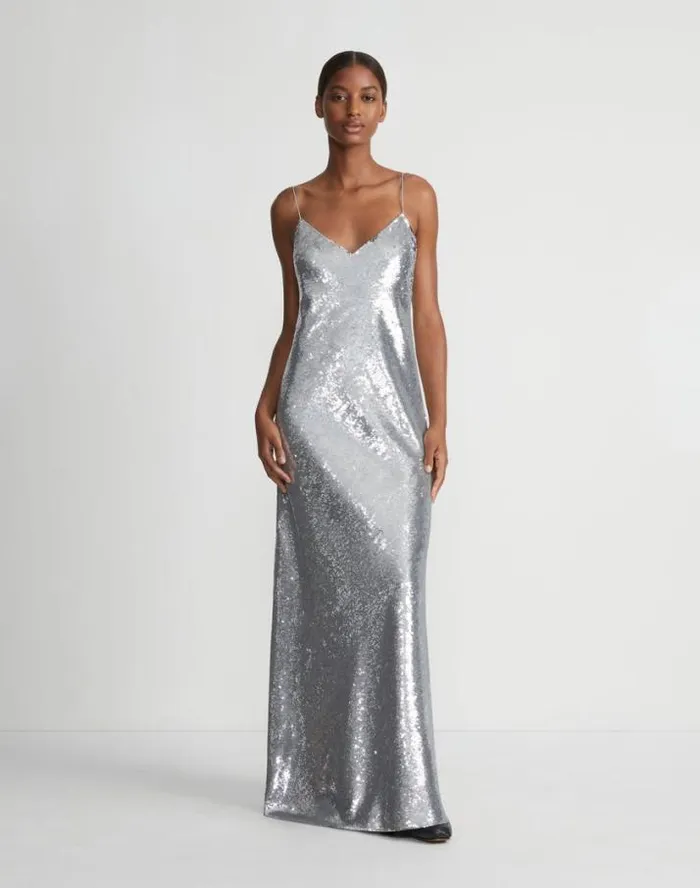 Lafayette 148 New York Sequin Chiffon Bias Gown Pale Grey Ready To Wear Dresses