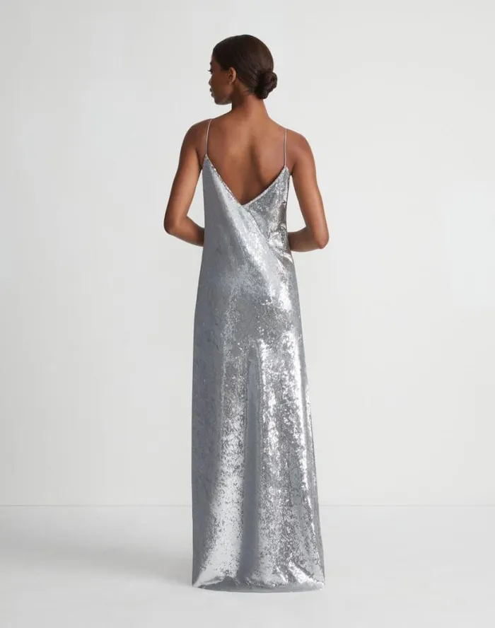 Lafayette 148 New York Sequin Chiffon Bias Gown Pale Grey Ready To Wear Dresses