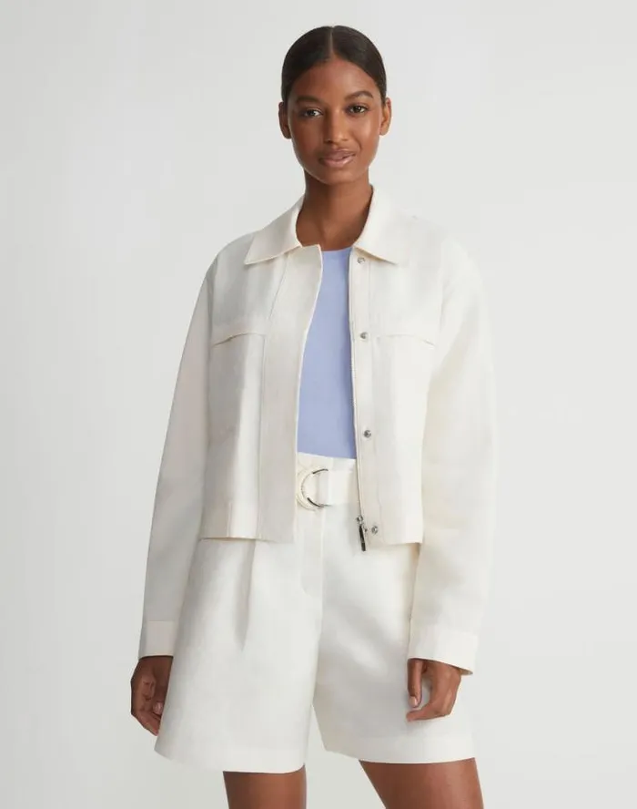 Lafayette 148 New York SilkLinen Tapered Bomber Jacket Alabaster Ready To Wear Jackets and Blazers