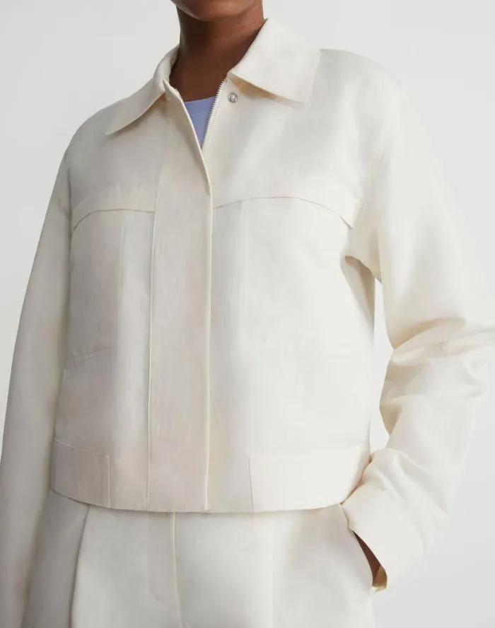 Lafayette 148 New York SilkLinen Tapered Bomber Jacket Alabaster Ready To Wear Jackets and Blazers