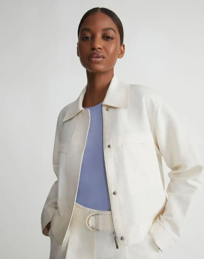 Lafayette 148 New York SilkLinen Tapered Bomber Jacket Alabaster Ready To Wear Jackets and Blazers