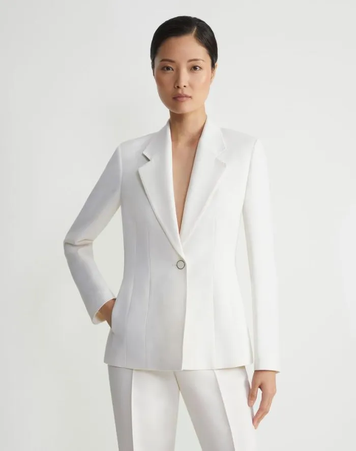 Lafayette 148 New York WoolSilk Crepe Single Button Blazer Cloud Ready To Wear Jackets and Blazers