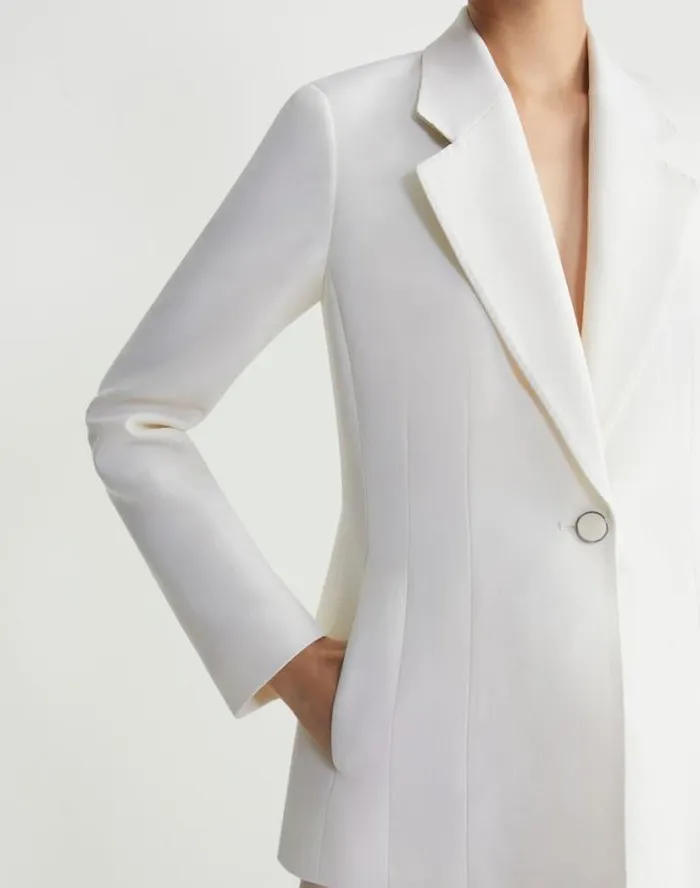 Lafayette 148 New York WoolSilk Crepe Single Button Blazer Cloud Ready To Wear Jackets and Blazers