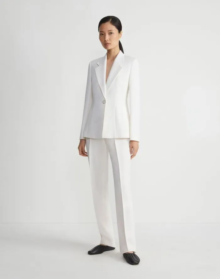Lafayette 148 New York WoolSilk Crepe Single Button Blazer Cloud Ready To Wear Jackets and Blazers