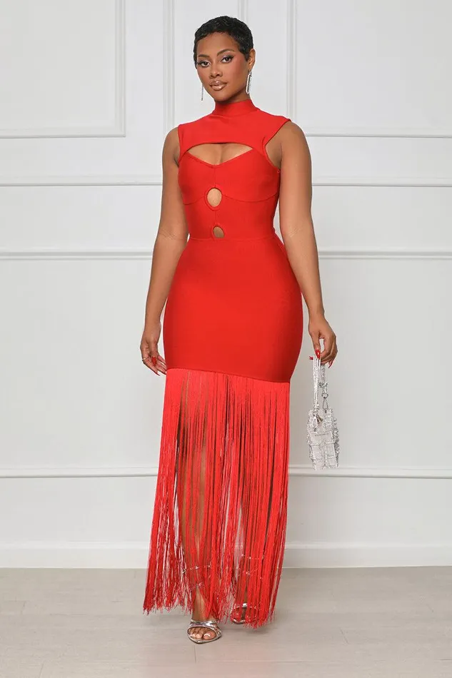Lilly039s Kloset Dresses Women Ball Me Out Fringe Bandage Dress Red