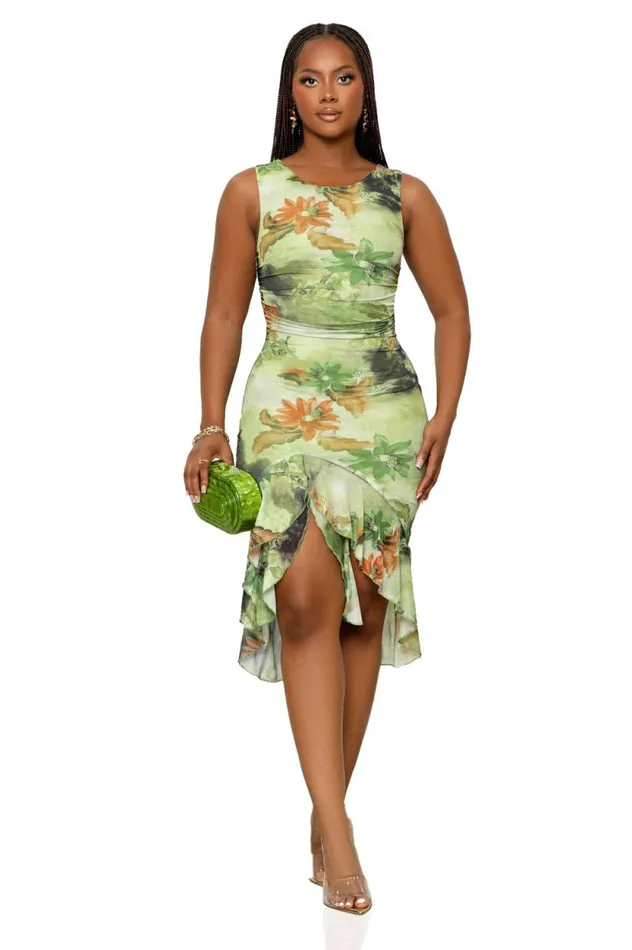 Lilly039s Kloset Dresses Women Forest Flowers High Slit Dress Green MultiFINAL SALE
