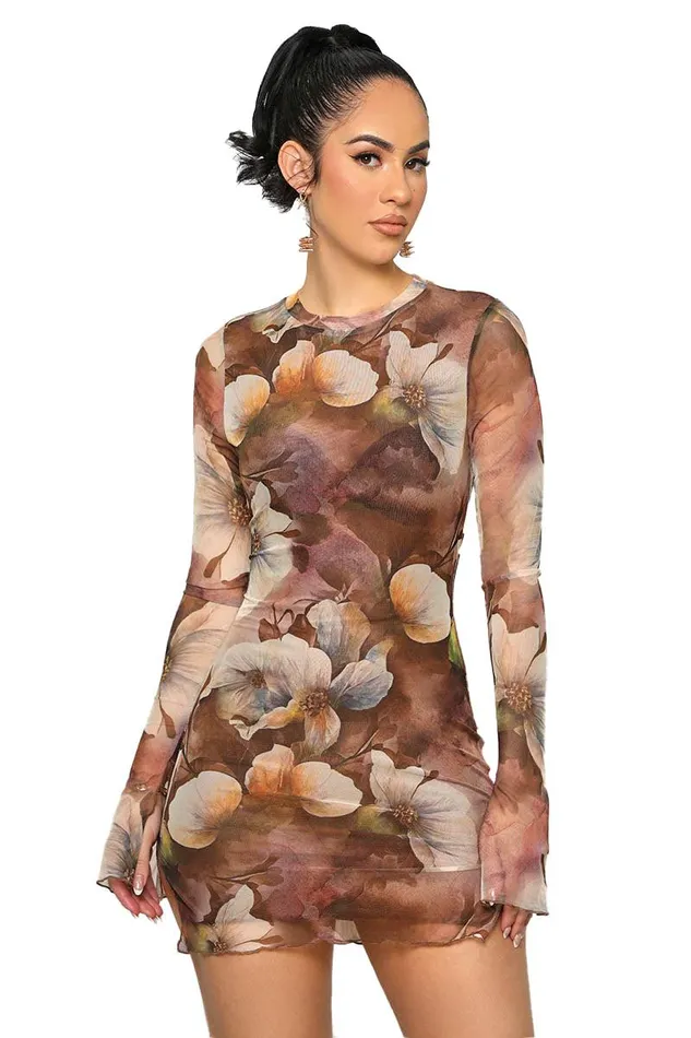 Lilly039s Kloset Dresses Women Wild Flower Mesh Mini Dress Brown MultiFINAL SALE