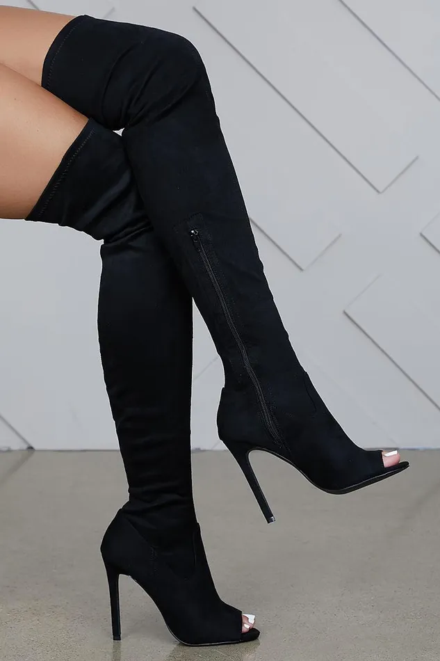 Lilly039s Kloset Heels Women Lori Thigh High Peep Toe Boot Olive FINAL SALE