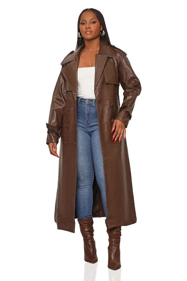 Lilly039s Kloset Jackets and Coats Women Blocked Hearts Faux Leather Trench Coat Brown FINAL SALE