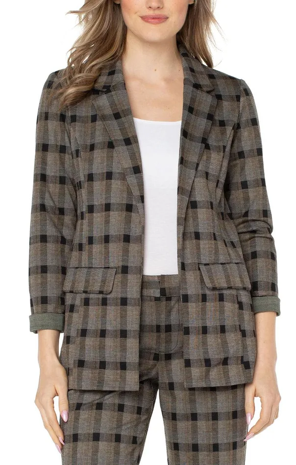 Liverpool Los Angeles BOYFRIEND BLAZER WITH PRINCESS DART PATTERN KNIT Black Granola Linear Plaid Women BLAZERS