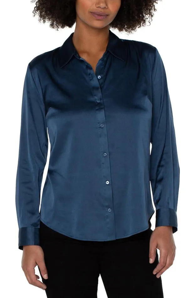 Liverpool Los Angeles BUTTON UP WOVEN BLOUSE Shibori Blue Women WOVEN TOPS