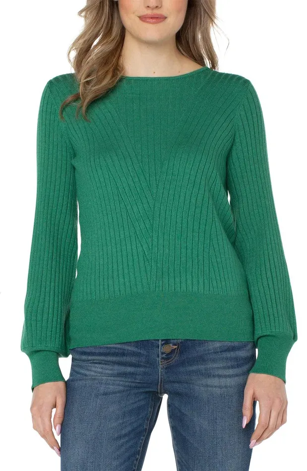Liverpool Los Angeles CREW NECK SWEATER WITH TRANSFER RIB DETAIL Emerald Heather Women SWEATERS