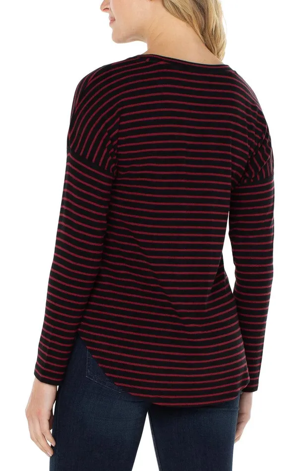 Liverpool Los Angeles LONG SLEEVE SCOOP NECK TOP Red Black Stripe Women TSHIRTS