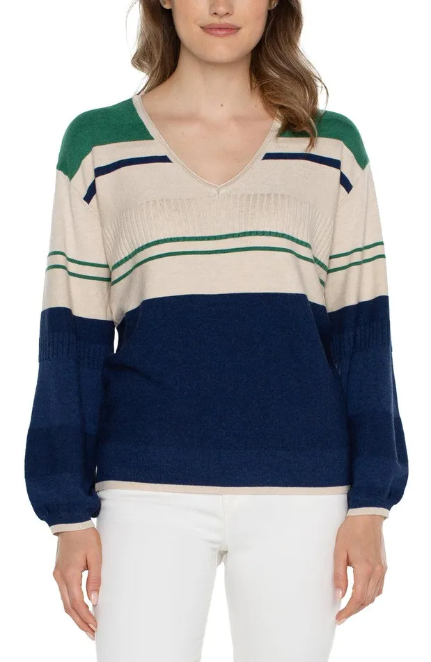 Liverpool Los Angeles VNECK BLOUSON SWEATER WITH COLOR BLOCKING Emerald Merchant Blue Women SWEATERS