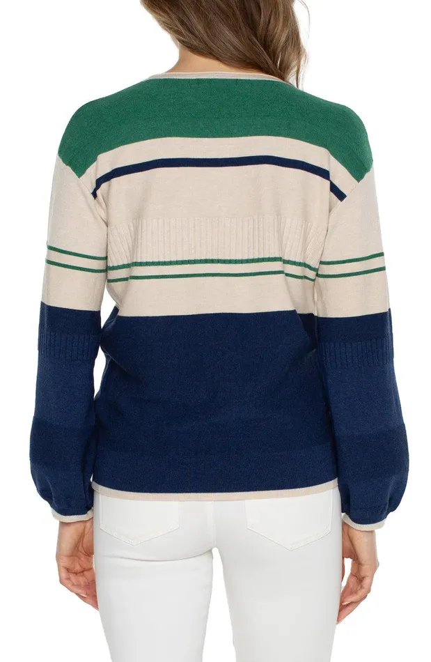 Liverpool Los Angeles VNECK BLOUSON SWEATER WITH COLOR BLOCKING Emerald Merchant Blue Women SWEATERS