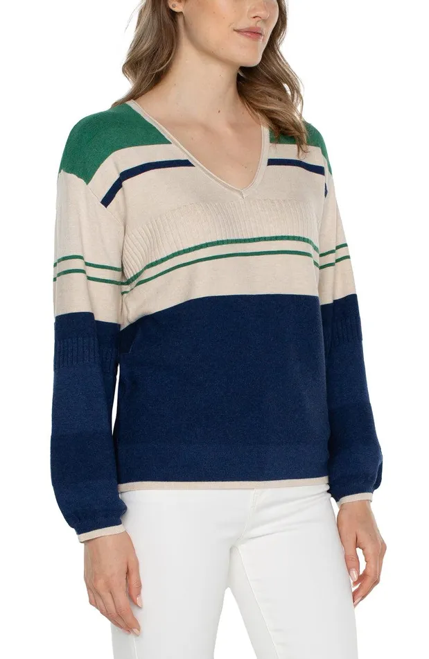 Liverpool Los Angeles VNECK BLOUSON SWEATER WITH COLOR BLOCKING Emerald Merchant Blue Women SWEATERS