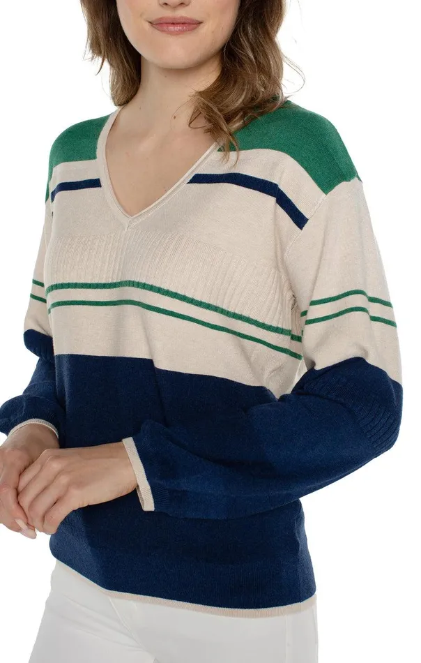 Liverpool Los Angeles VNECK BLOUSON SWEATER WITH COLOR BLOCKING Emerald Merchant Blue Women SWEATERS