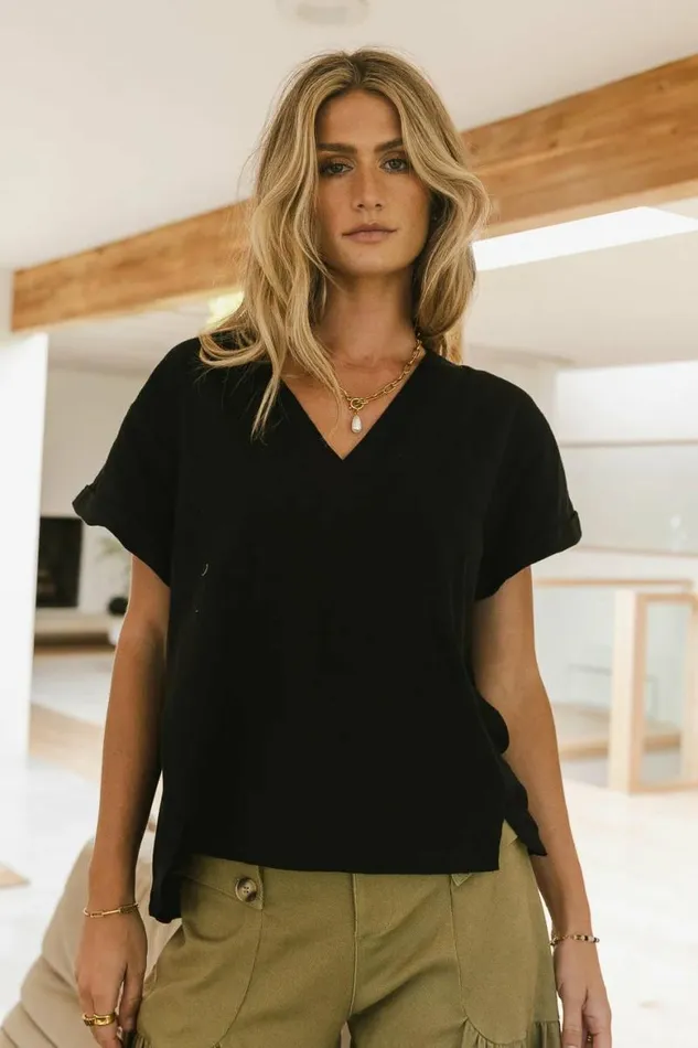 Logan Contrast Top In Black Black Women Bohme Tees and Tanks