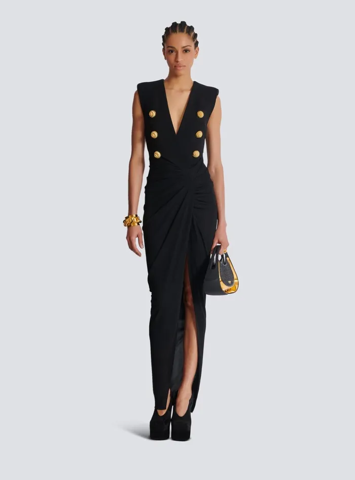 Long Tailored Crepe Dress Black Women Balmain Dresses